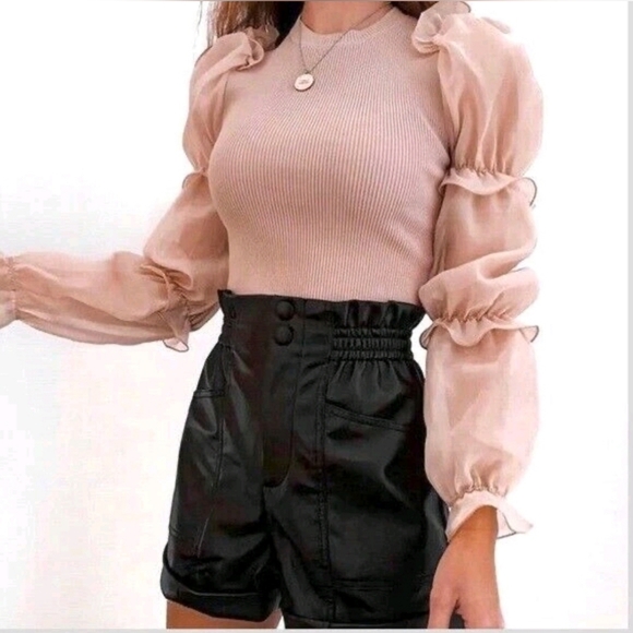 Zara Tops - Zara Elegant Pink Puff Sleeve Ribbed Long Sleeve Top - Size L